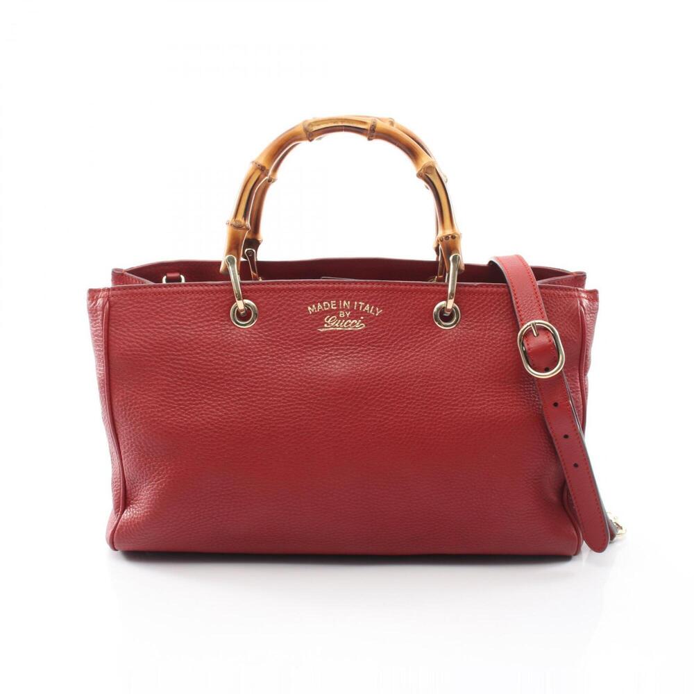 GUCCI Authentic Red Leather Bamboo Tote Bag
